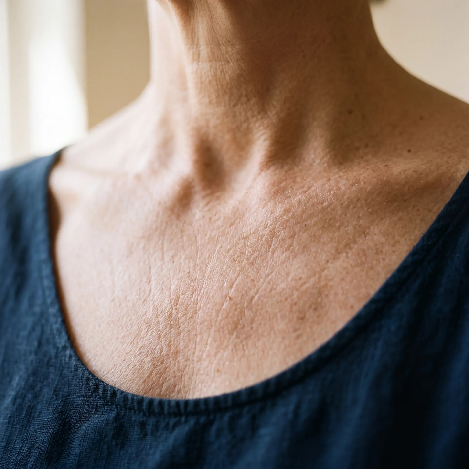Macro photograph of crepey skin on the neck and décolleté